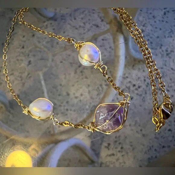 🌊Custom Aura Amethyst & Pearl Choker (15") - Picture 11 of 14